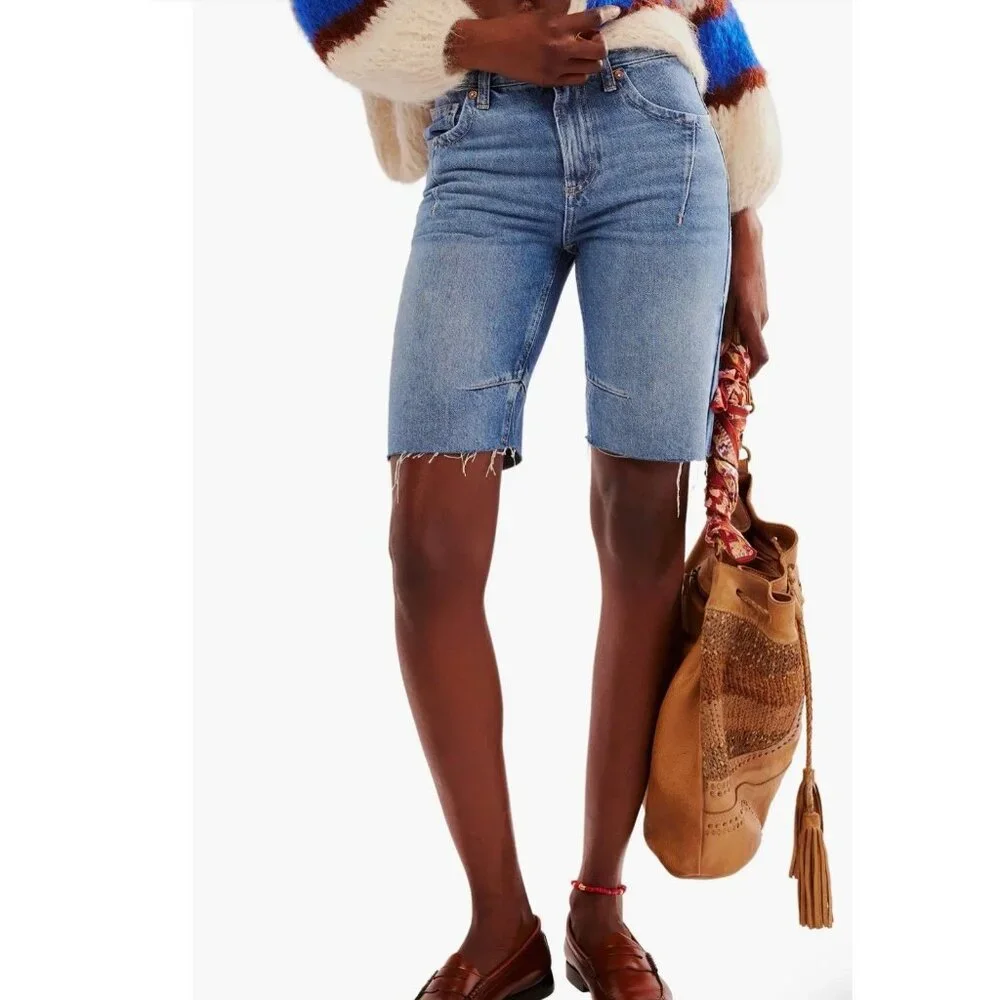 Free People Ghost Town High‎ Rise Long Short Bermuda Womens 27 Medium Wash